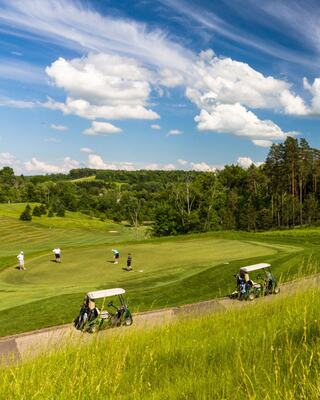 A golfer in a teal shirt and shorts swings a club on a sunny day, surrounded by lush greenery and a blue sky.