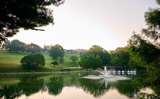 A serene landscape with a pond, fountain, lush greenery, and distant hills, creating a peaceful, picturesque atmosphere.