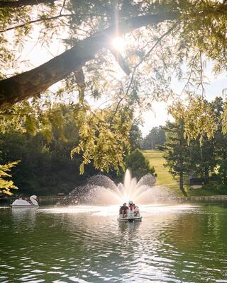 A serene boating scene features a pedal boat creating ripples in a reflective lake, with sunlight filtering through tree branches and a fountain nearby.