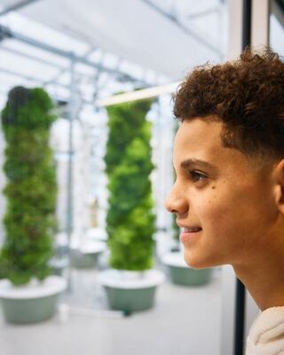 A young person gazes thoughtfully at lush greenery in a modern greenhouse, reflecting a connection to nature and growth.