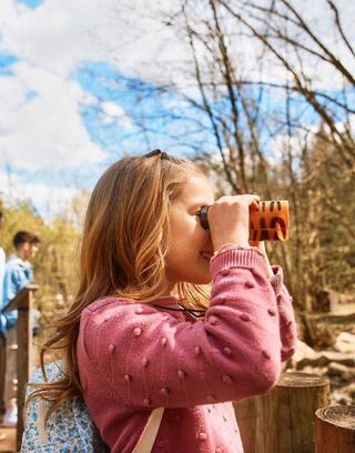 A girl in a pink sweater uses binoculars to observe nature, with trees and a clear sky in the background. A person is visible nearby.