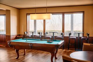 A stylish room features a pool table with vibrant blue felt, surrounded by wooden accents and large windows offering a serene view.
