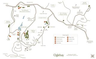 A detailed map of Oglebay, featuring landmarks, routes, and recreational areas like gardens, a lodge, and a golf course.