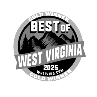 A circular badge featuring "Best of West Virginia 2025," highlighting a gold award with mountain imagery and the website WVLiving.com.