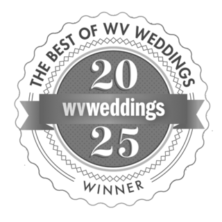 A circular award seal marking "The Best of WV Weddings 2025," featuring a banner and decorative elements.