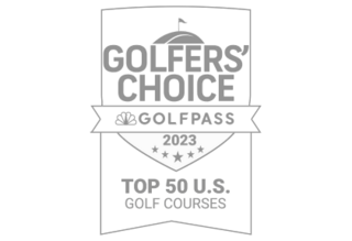 Award badge recognizing the top 50 U.S. golf courses in 2023, presented by Golfers’ Choice and Golfpass.