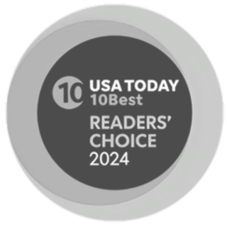 Circular badge featuring "USA TODAY 10Best Readers' Choice 2024" with a black center and gray border, symbolizing an award or recognition.