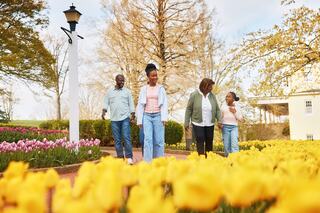 A group of four people strolls through a vibrant garden filled with blooming flowers, enjoying a sunny day together.