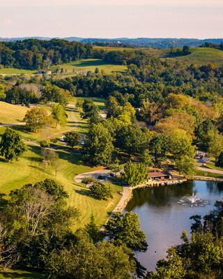 A serene landscape featuring lush green hills, a tranquil pond with a fountain, and a winding path surrounded by trees.
