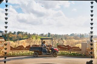 A person drives a golf cart past a scenic landscape, framed by decorative architecture and a clear blue sky.