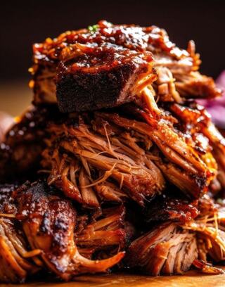 A tempting stack of tender, pulled beef slathered in rich barbecue sauce, glistening and ready to be enjoyed.