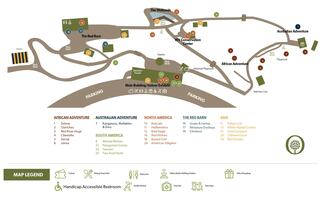 A detailed map showing various attractions, pathways, parking areas, and amenities for different themed adventure zones.