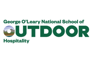 Logo for George O'Leary National School of Outdoor Hospitality, featuring bold "OUTDOOR" text alongside an abstract mountain graphic.
