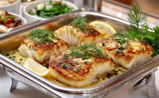 Golden-brown fish fillets topped with herbs and lemon, served in a stainless steel dish alongside fresh green salads and garnishes.