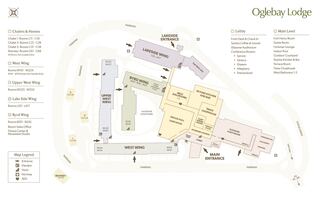 Map of Oglebay Lodge showing various wings, entrances, and facilities, including the lobby and conference areas.