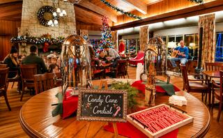 A cozy festive gathering features hot cocoa, candy canes, and holiday decorations, with guests enjoying music by a warmly lit fireplace.