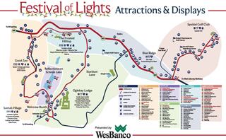 Map detailing attractions and displays for the Festival of Lights, including various zones and locations like Santa's Village and Frosted Hilltop.