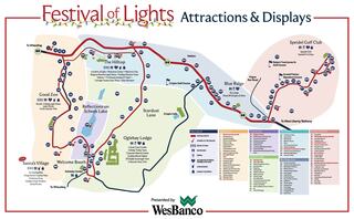 Map detailing attractions and displays for the Festival of Lights, including various zones and locations like Santa's Village and Frosted Hilltop.