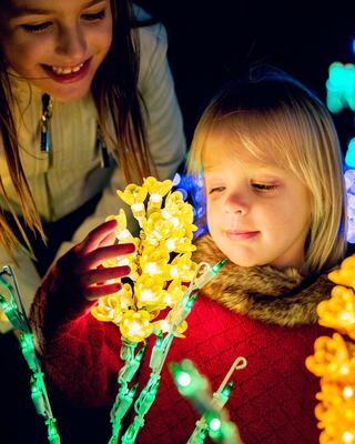 Two young girls enjoy colorful glowing lights at night, with one curiously touching a bright yellow flower made of lights.