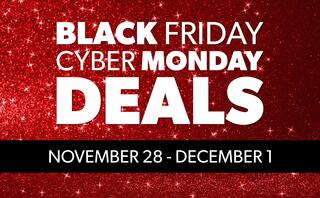 Bold text announces Black Friday and Cyber Monday deals from November 28 to December 1, set against a sparkling red background.
