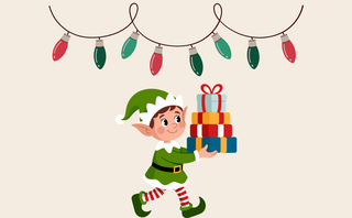 A cheerful elf in a green outfit carries colorful gift boxes, with festive string lights hanging above.