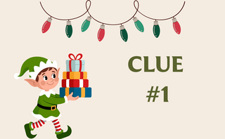 A cheerful elf carries colorful presents beneath festive lights, labeled "CLUE #1." It's a whimsical holiday scene.