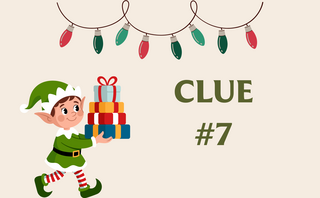 A cheerful elf carries colorful gifts, with festive lights above, and the text "CLUE #7" prominently displayed.