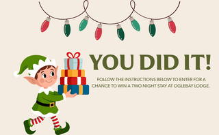 A cheerful elf carries colorful gifts beneath string lights, encouraging participation in a contest for a stay at Oglebay Lodge.
