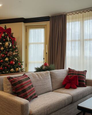 A cozy living room with a festive Christmas tree, stylish cushions on a gray sofa, and soft natural light filtering through the curtains.