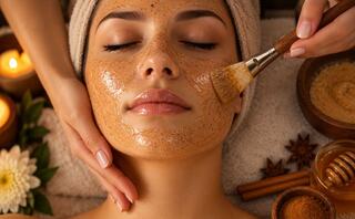 A woman enjoys a relaxing facial treatment with a scrub, surrounded by candles and natural skincare products, evoking tranquility and self-care.