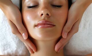A serene woman relaxes as gentle hands provide a soothing facial treatment, highlighting her radiant and smooth skin.