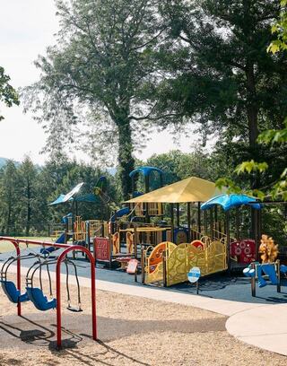 A colorful playground features swings and various play structures, nestled among tall trees in a sunny outdoor setting.
