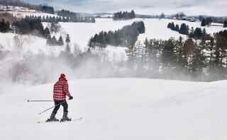 A skier in a red plaid jacket navigates a snowy landscape, surrounded by mist and rolling hills dotted with evergreen trees under a cloudy sky.