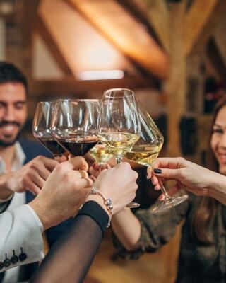 A group of friends joyfully clinks glasses filled with various wines, celebrating a special moment in a cozy setting.