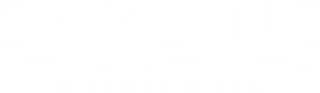 Stylish logo featuring the text "SKYLINE KITCHEN & BAR" in bold white, with a wavy line adding a modern touch.