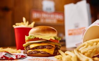 A delicious cheeseburger stacked with lettuce, tomato, and pickles, accompanied by crispy fries and a side of ketchup.