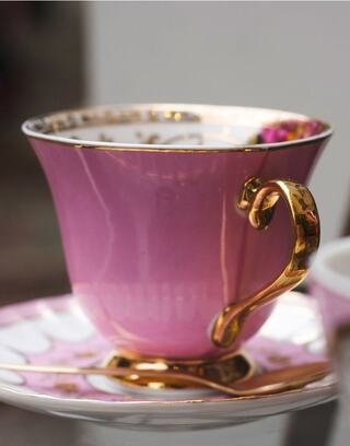 A delicate pink teacup with golden accents and a floral interior sits elegantly on a matching saucer, exuding vintage charm.