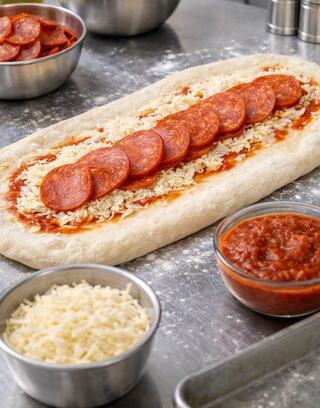 Pepperoni slices atop cheese and sauce spread on pizza dough, surrounded by bowls of grated cheese and sauce. A classic pizza preparation scene.