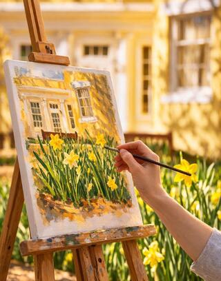 A hand paints vibrant yellow daffodils on a canvas, set outdoors with a charming house in the background, bathed in warm sunlight.