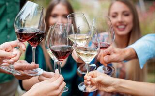 Glasses of red and white wine clink together in a cheerful toast among friends, smiling and enjoying a joyful moment outside.