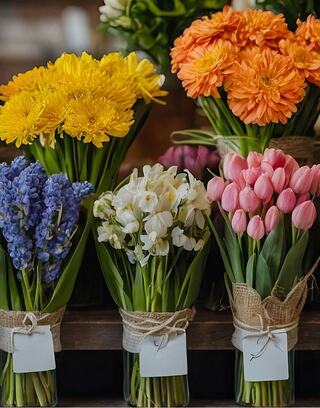 Bright bouquets of vibrant yellow, orange, blue, white, and pink flowers arranged neatly with tags, creating a cheerful floral display.