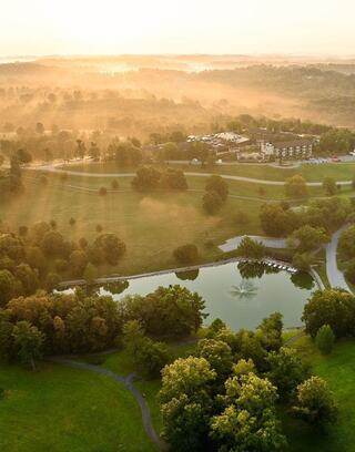 A misty landscape at dawn reveals a serene pond, lush greenery, and a distant hotel, creating a tranquil atmosphere.