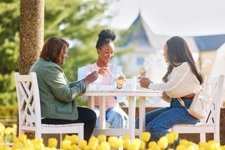A group of four people strolls through a field of vibrant yellow flowers under a blue sky with fluffy clouds, enjoying a sunny day.