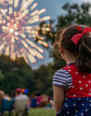 A young girl with a red and white bow watches vibrant fireworks illuminate the sky, surrounded by a crowd enjoying the festive atmosphere.