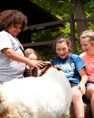 Children joyfully interact with a friendly dog, smiling and laughing in a vibrant outdoor setting, clearly enjoying their time together.