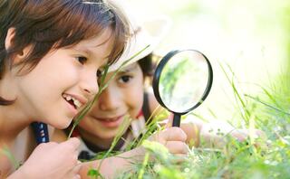 Two children are joyfully examining the grass with a magnifying glass, filled with curiosity and excitement in a bright, sunny setting.