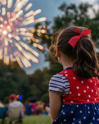 A young girl watches colorful fireworks burst in the night sky, wearing a red, white, and blue outfit, surrounded by a festive crowd.