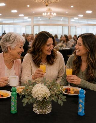 Three women share a joyful moment at a dining table, enjoying breakfast and drinks, surrounded by friends in a warm setting.