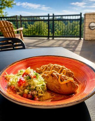 A vibrant plate features a savory dish adorned with sauce alongside fresh salad, all set against a scenic outdoor backdrop.