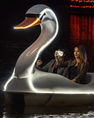 Two people enjoy a night on the water in a brightly lit, swan-shaped pedal boat, capturing the moment with a phone.